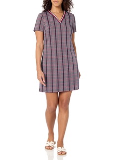 Tommy Hilfiger Women's Stripe Trim Short Sleeve V-Neck Shift Dress