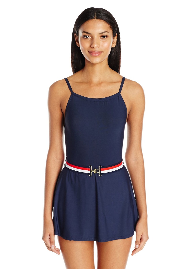 Tommy Hilfiger Tommy Hilfiger Women S Signature Stripe High Neck Swim Dress One Piece Swimsuit With Belt Dresses