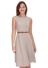 Tommy Hilfiger Women's Sleeveless Crewnek Herringbone Belted Fit & Flare Dress - Lt Beige/i