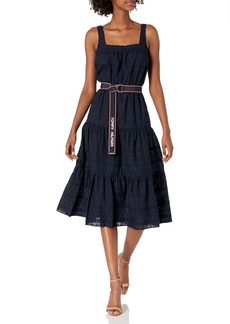 Tommy Hilfiger Women's Eyelet Sleeveless Black Dress with Chic Waist Belt and Delicate Skirt Detailing