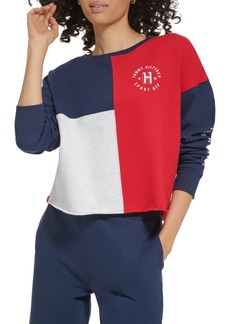 Tommy Hilfiger Women's Slightly Cropped Color Blocked Printed Chest & Sleeve Graphic Crew