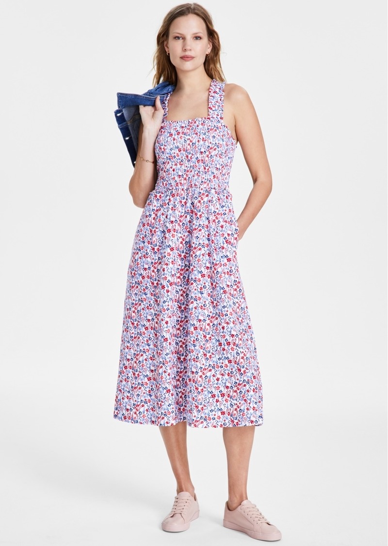 Tommy Hilfiger Women's Smocked Floral-Print Cotton Midi Dress - Brtwht/sca