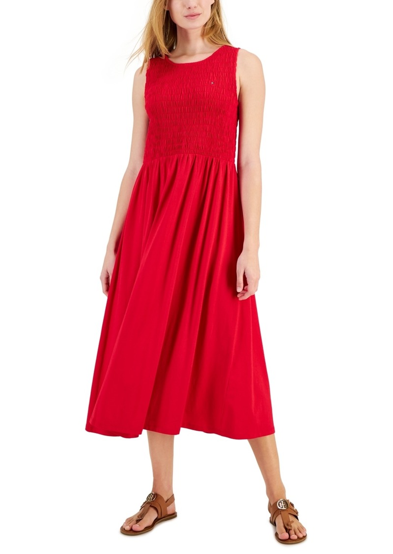 Tommy Hilfiger Women's Logo Solid-Color Smocked Sleeveless Dress - Scarlet