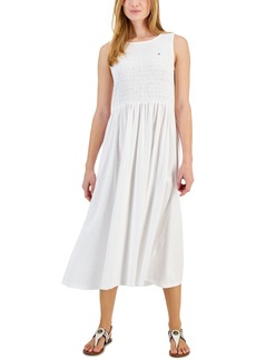 Tommy Hilfiger Women's Solid-Color Smocked Sleeveless Dress - Brt White