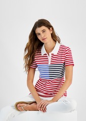 Tommy Hilfiger Women's Striped Short Sleeve Polo Shirt - Scar/bwht