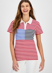 Tommy Hilfiger Women's Striped Short Sleeve Polo Shirt - Scar/bwht