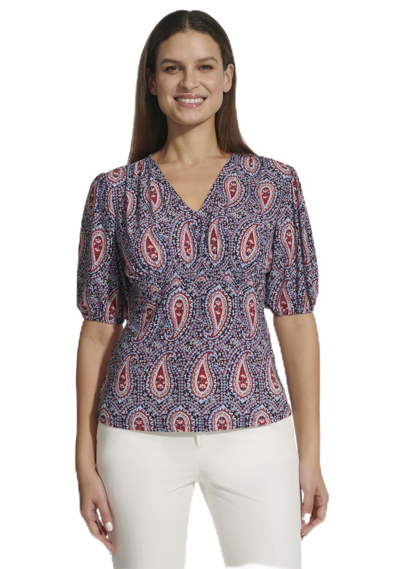 Tommy Hilfiger Women's Short Sleeve Smocked Paisley Top  M