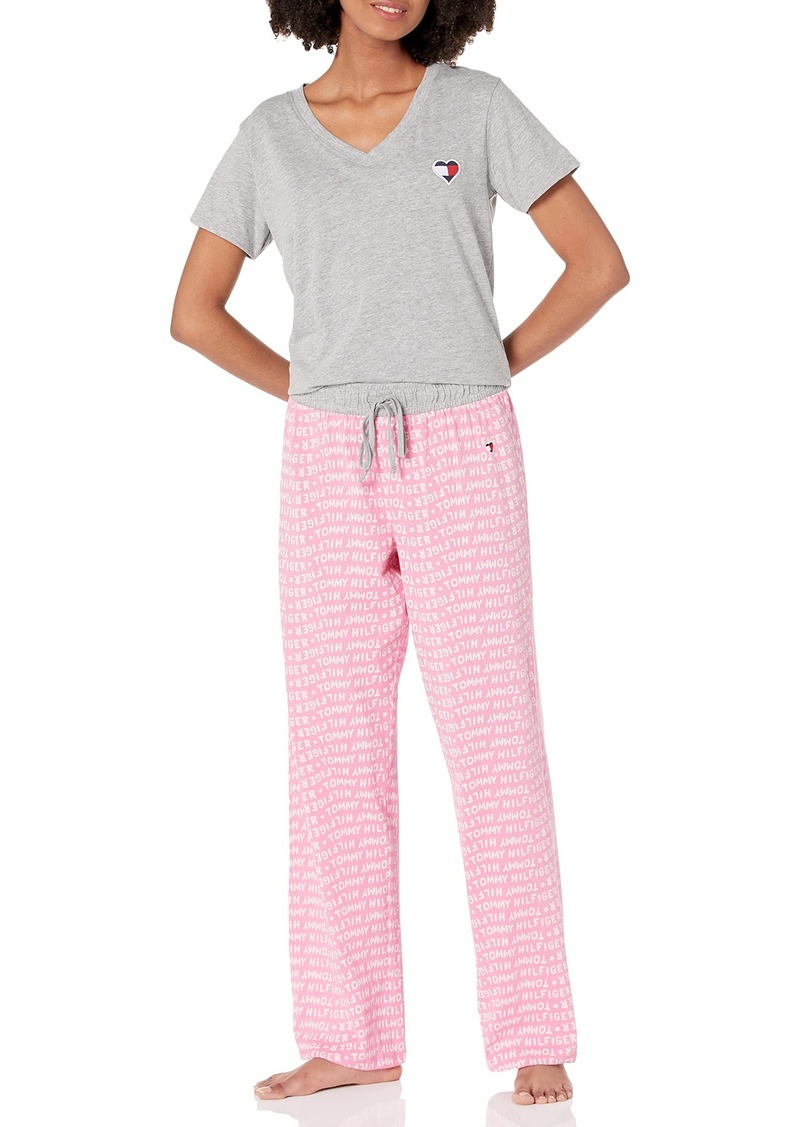 Tommy Hilfiger Women's Top Short Sleeve V-Neck Heart Logo Pant Bottom Pajama Set Pj 2Pc