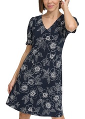 Tommy Hilfiger Women's V-Neck Puff-Sleeve Floral Shift Dress - Sky Captain/ivory