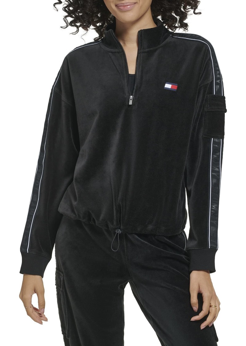 Tommy Hilfiger Women's Velour Fabric Cargo Pockets Pullover Half Zip Ghost Debossed Logo Taping