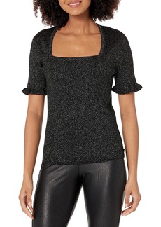 Tommy Hilfiger Women's Work Top Shimmery Short Sleeve Sweater BLK Metallic