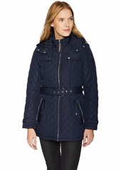 Tommy Hilfiger Women's Zip Front Belted Diamond Quilt Hooded Jacket  M