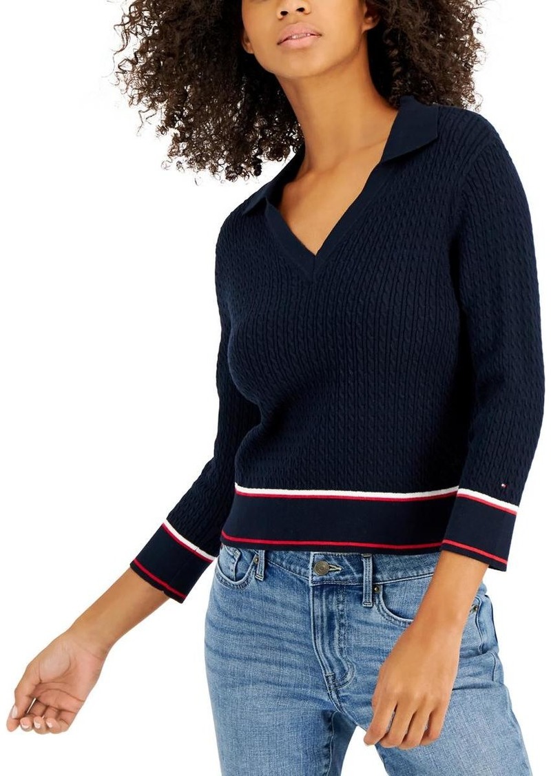 Tommy Hilfiger Womens Cable Knit Collared V-Neck Sweater