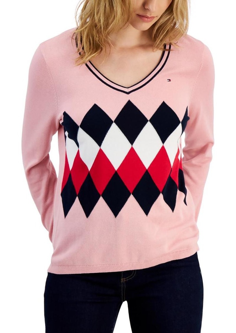 Tommy Hilfiger Womens Cotton Argyle V-Neck Sweater