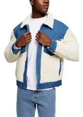 Topman Cut & Sew Fleece & Denim Jacket in Blue at Nordstrom