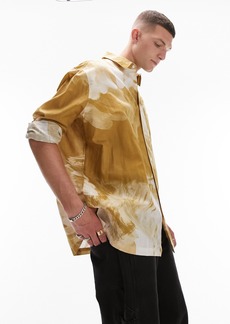 Topman Blurred Abstract Cotton & Linen Button-Up Shirt in Yellow at Nordstrom Rack