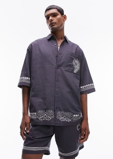 Topman Embroidered Cotton & Linen Button-Up Shirt