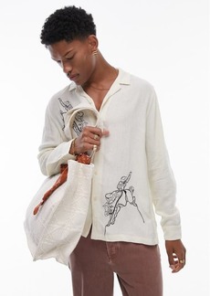 Topman Embroidered Cowboy Linen Long Sleeve Camp Shirt