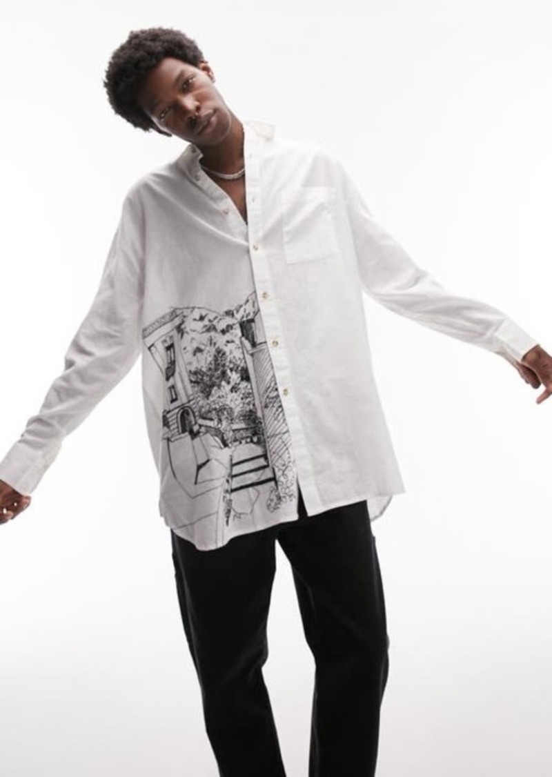 Topman Extreme Oversize Embroidered Cotton & Linen Button-Up Shirt