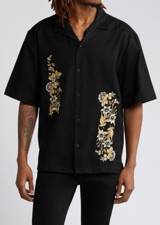 Topman Floral Embroidered Short Sleeve Cotton Button-Up Camp Shirt