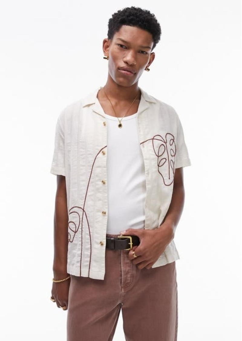 Topman Floral Embroidered Textured Cotton Camp Shirt