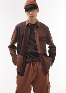Topman Patchwork Snap-Up Overshirt in Brown at Nordstrom