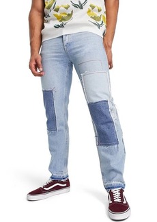 Topman Patchwork Straight Jeans in Mid Blue at Nordstrom