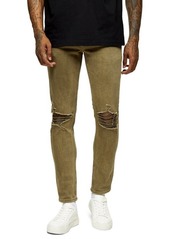 Topman Ripped Skinny Fit Jeans in Olive at Nordstrom