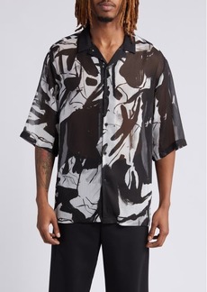 Topman Sheer Abstract Print Short Sleeve Button-Up Shirt