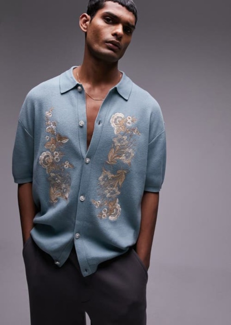 Topman Western Floral Embroidery Button-Up Cardigan Shirt