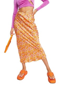 Topshop 70s Floral Print Satin Tie Waist Skirt in Orange at Nordstrom