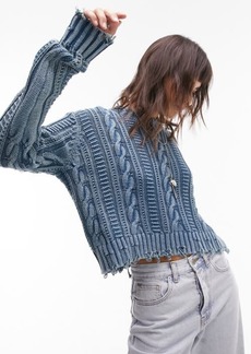 Topshop Acid Wash Frayed Crop Cable Sweater