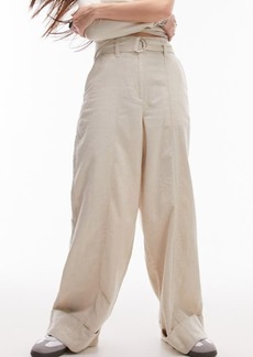Topshop Belted Cotton & Linen Wide Leg Trousers