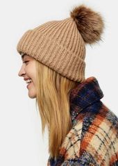 Topshop bobble hat with faux fur pom pom in camel