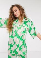 Topshop Boutique satin utility shirt two-piece in green print