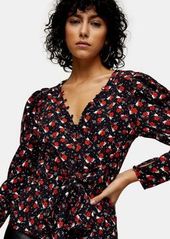 Topshop button front blouse in black & red floral