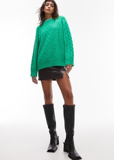 Topshop Cable Knit Crewneck Sweater in Medium Green at Nordstrom Rack