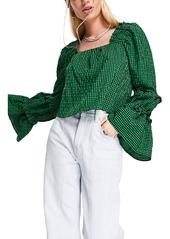 Topshop Check Tiered Sleeve Top in Medium Green at Nordstrom