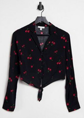 Topshop cherry print tie-front cropped shirt in black