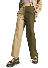 Topshop Color Splice Cotton Twill Flare Pants in Beige at Nordstrom
