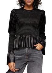 Topshop Faux Leather Smocked Peplum Blouse