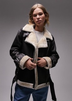 Topshop Faux Leather & Faux Shearling Aviator Jacket