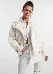 Topshop faux shearling moto jacket in off-white