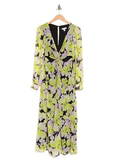 Topshop Floral Cutout Twist Front Long Sleeve Chiffon Midi Dress in Green Multi at Nordstrom Rack