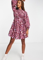 Topshop Floral Print Long Sleeve Minidress in Pink Multi at Nordstrom