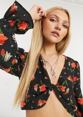 Topshop floral print twist front cropped blouse in multi