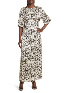 Topshop Floral Print Waist Cutout Satin Maxi Dress in White at Nordstrom Rack