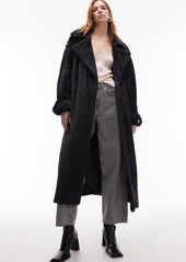 Topshop Fluffy Longline Faux Fur Trench Coat in Navy at Nordstrom Rack
