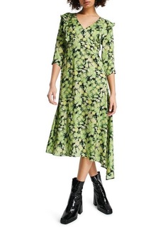 Topshop Frill Floral A-Line Dress in Mid Green at Nordstrom
