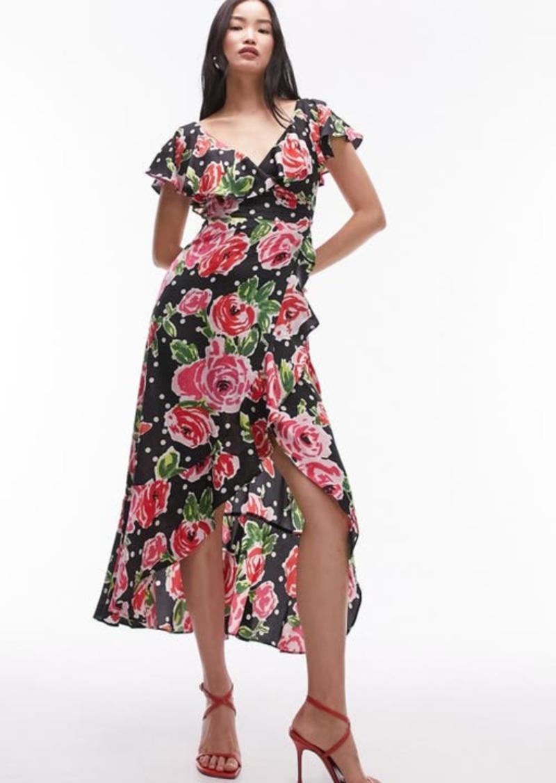 Topshop Frill Floral Midi Wrap Dress